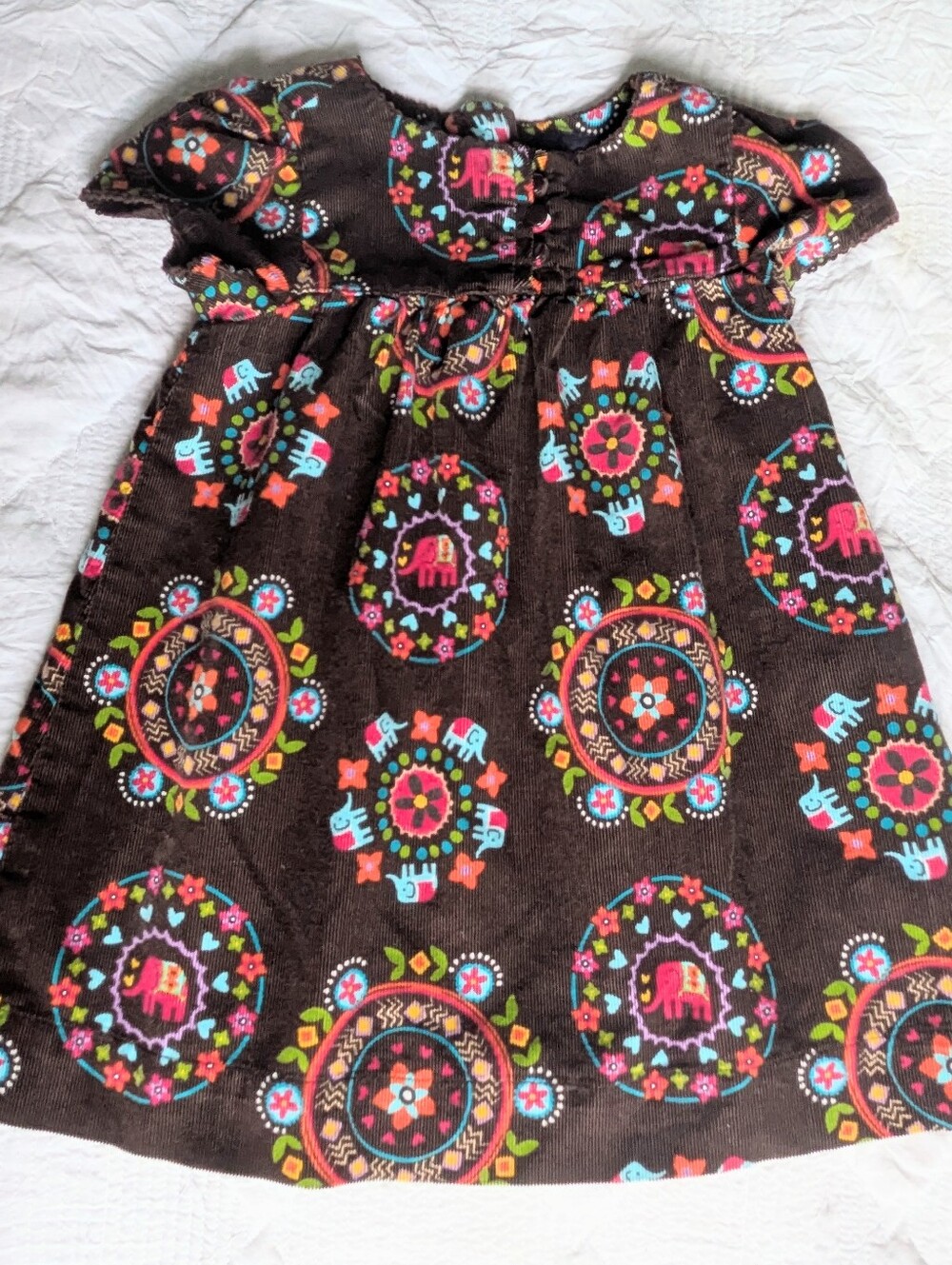 Vintage BABY GAP  Floral/ Elephant Medallions Brown Corduroy Dress 12-18 Months